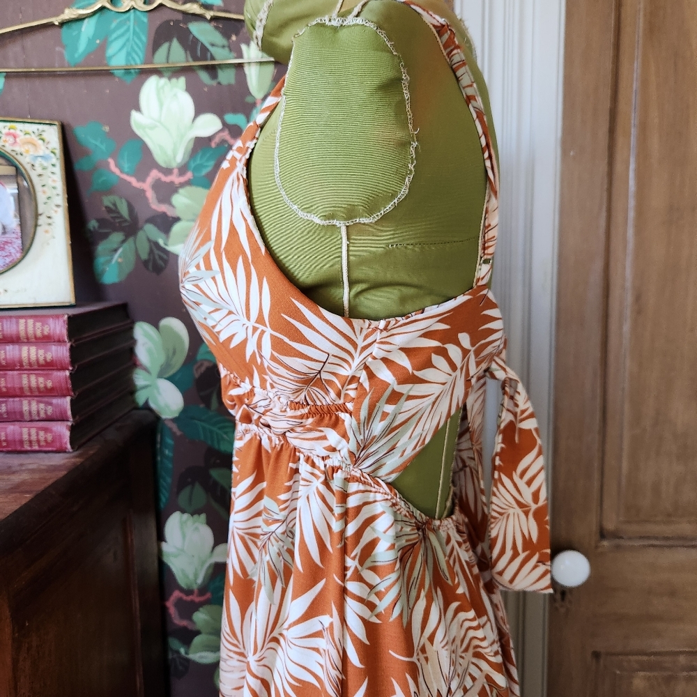 Iris Womens Tropical Palm Print Maxi Dress L Orange White Babydoll Empire Cutout - Picture 4 of 8